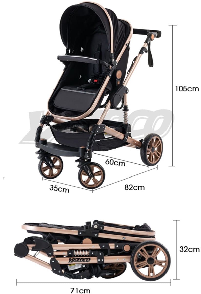 Premium 3-in-1 Kinderwagen - Draagbaar, Opvouwbaar, met Vering - Aluminium Frame - Inclusief Autostoel - Kwalitatieve Buggy voor Pasgeboren Baby - Luxe Multifunctionele Combi Kinderwagen - Roze/Zwart thumbnail 3