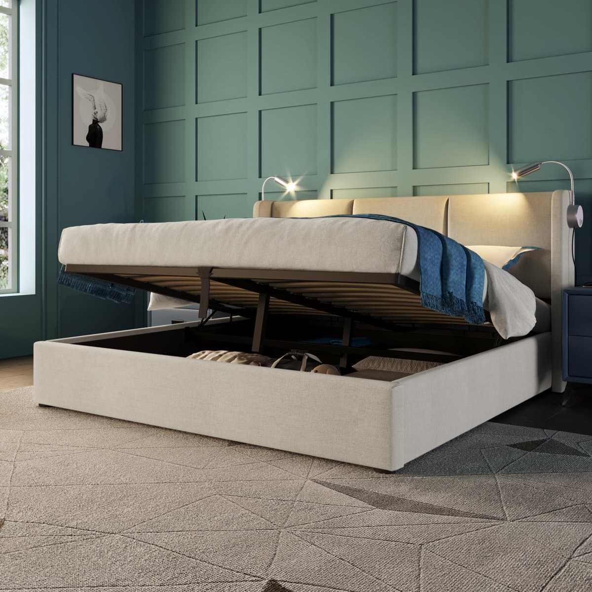 Opbergbed 160x200 cm in Beige met hydraulische functie & 2 Leeslampen – Modern Tweepersoonsbed met Opbergruimte thumbnail 7