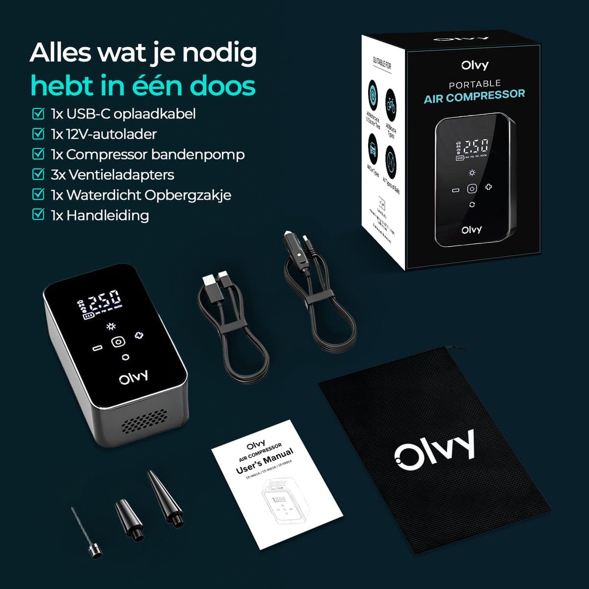 Olvy Compressor Bandenpomp - 12V & Draadloos - Draagbare Luchtcompressor - 6000 mAh - Elektrische Fietspomp - Fiets/Auto/Motor/Bal/Luchtbed thumbnail 7