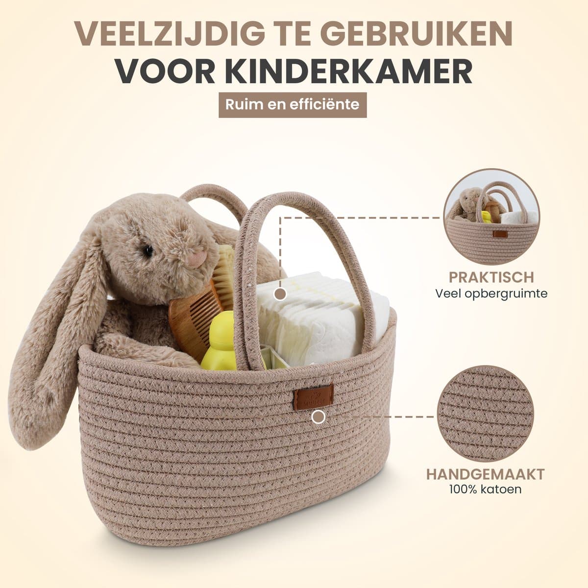 Muuzey Luiermandje - Crème - Luiermand - Luiertas en Commodemandje - Babykameraccessoires - Opbergmand kinderkamer - Kraamcadeau - Babyshower thumbnail 5