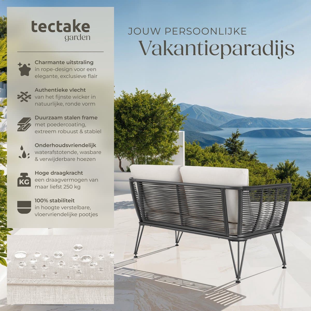 tectake® Tuinbank Sundo - Wicker Loungebank - Rope-Design Lounge Bank met Dikke Kussens - Ideaal voor Balkon, Tuin of Terras - Weerbestendig thumbnail 2