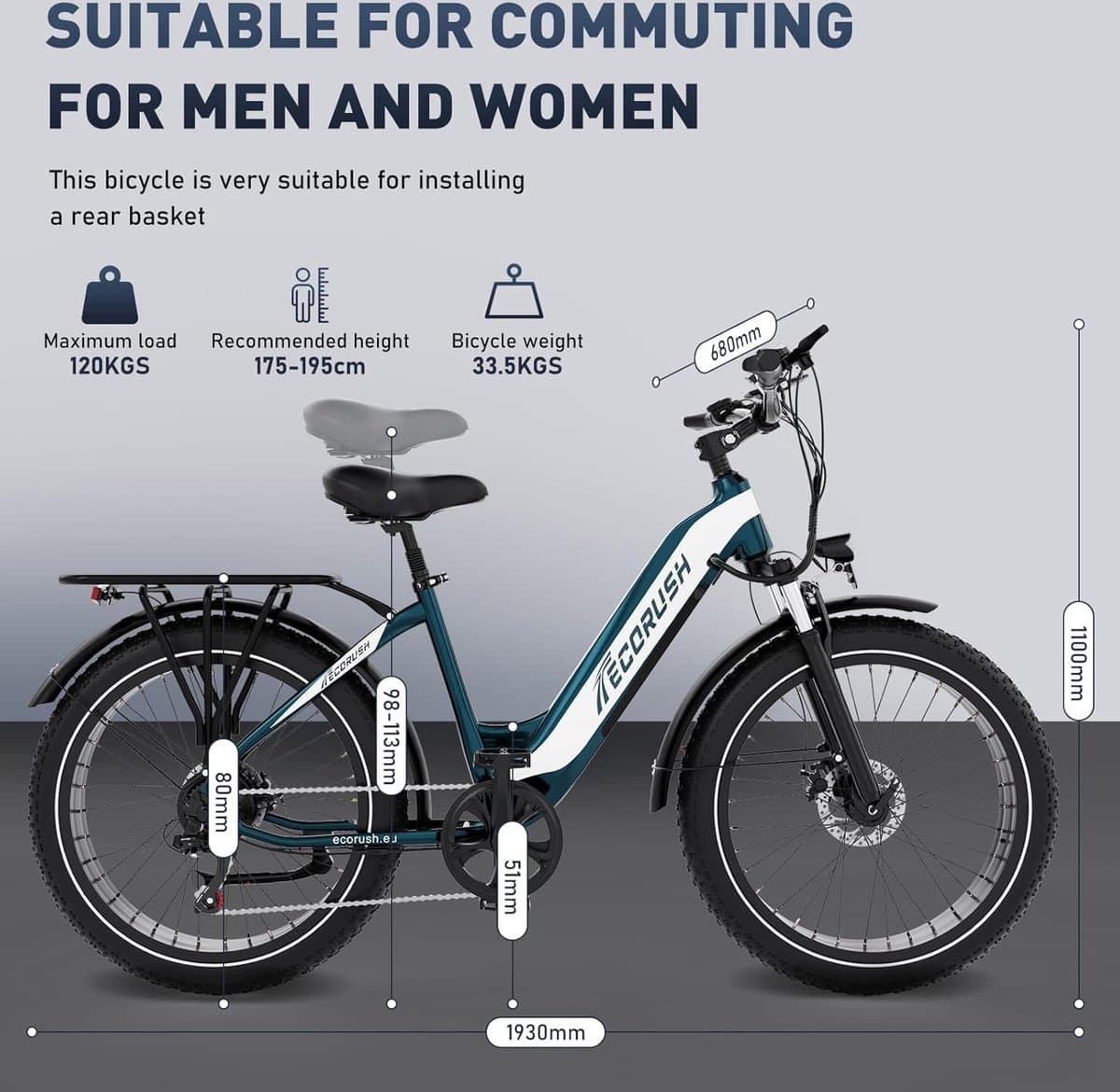 ECORUSH Elektrische Fiets ECO R3 - Trendy 26*4.0 Inch Fat Tire City Commuter EBike met Afneembare 48V 13Ah Lithium Batterij - Mountain E-Bike met 250W Motor - 7 Versnellingen - IP54 Waterdicht thumbnail 6