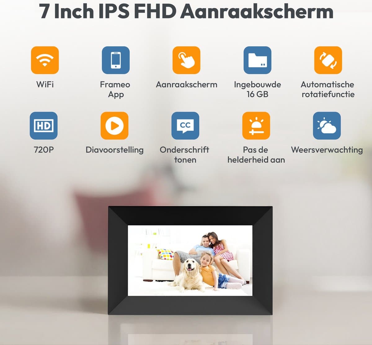Digitale fotolijst met WiFi en Frameo App - 7 inch IPS Display - Fotokader met Touchscreen - 32GB - Zwart - Frameo digitale fotolijst - digitale fotokader - digitaal fotolijstje thumbnail 4