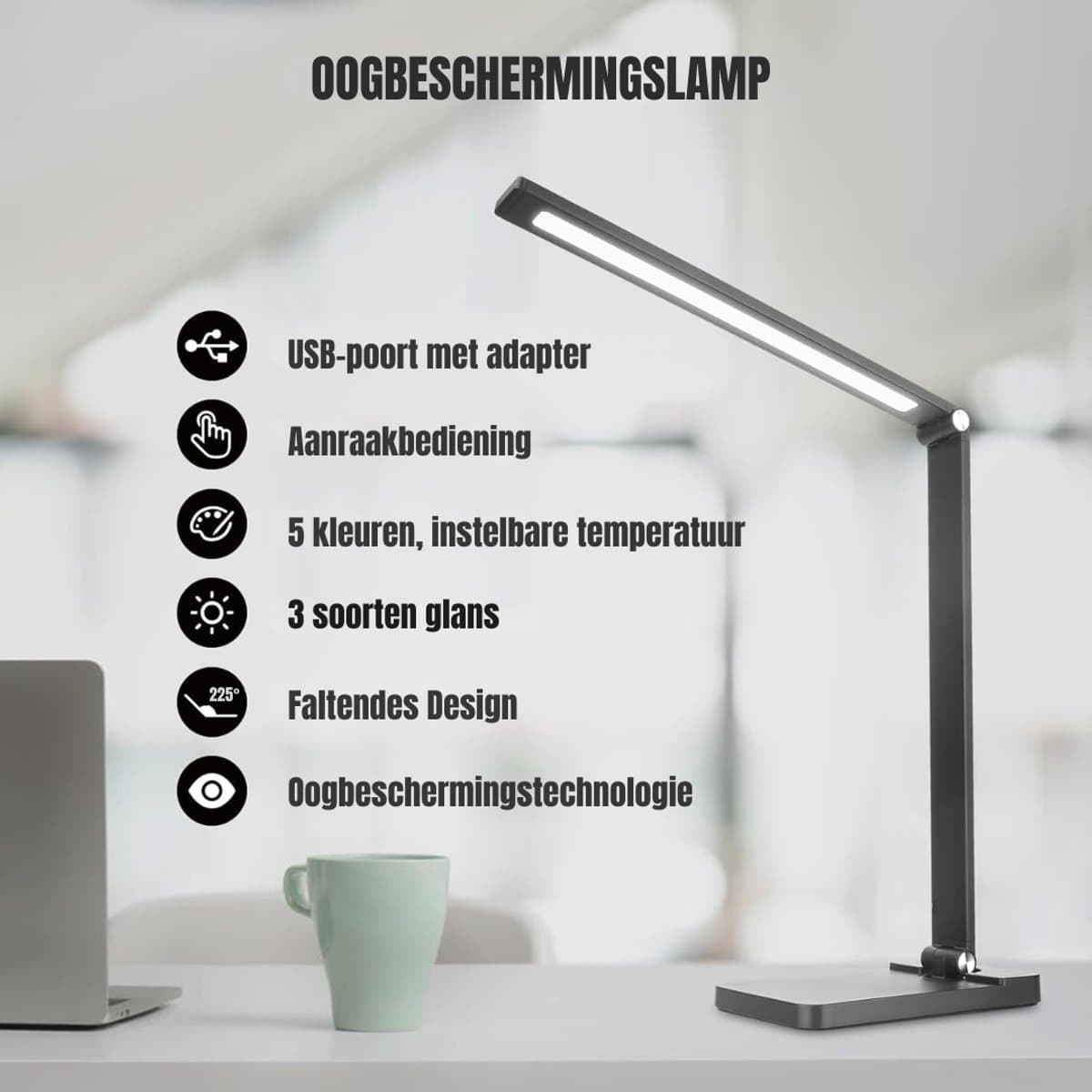 QORA® Bureaulamp led dimbaar daglicht - USB oplaadbaar - 5 kleurenfuncties - Daglichtlamp - Touchscreen - Lichttherapielamp - Hobby lamp voor schilderen, puzzelen – UV-Vrij - Tafellamp/lamp staand - Zwart - ‎40cm x 12cm x 4cm thumbnail 7