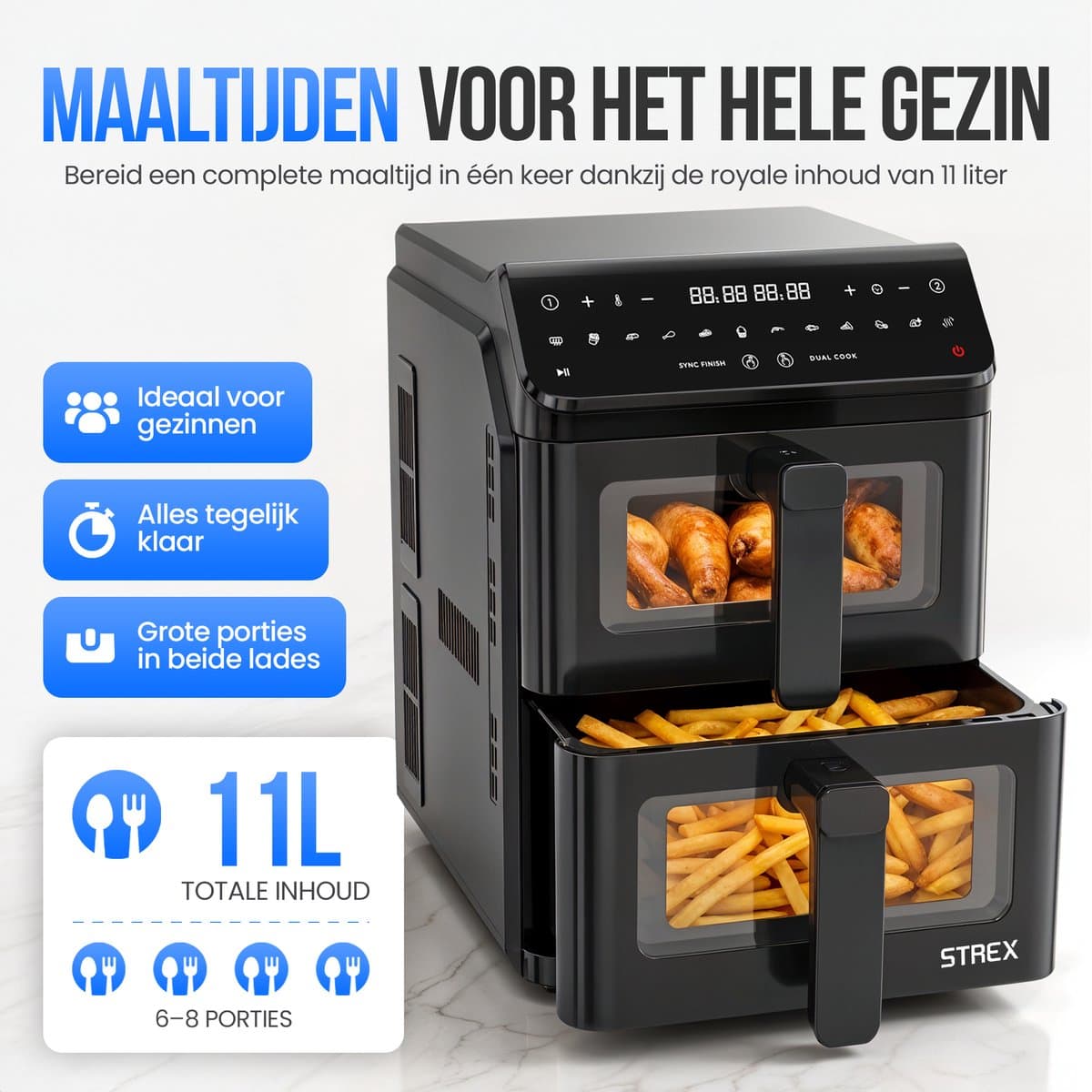 Strex Airfryer Dubbele Mand 11L XXL Heteluchtfriteuse 2500W - Airfryer 2 Manden - Dual Basket - 13 Kookprogramma's - Airfryer Verticaal Groot voor Gezin thumbnail 4