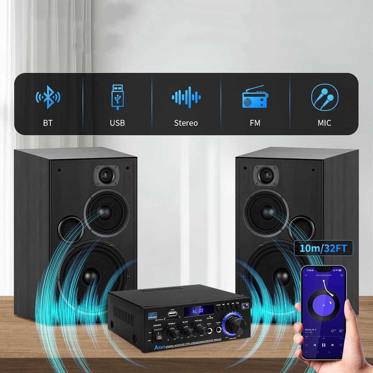 Bluetooth 5.0 Audioversterker - Ak45 Hifi Stereo Mini-Eindversterker - 400w 2-Kanaals Draadloze Bluetooth 5.0 Eindversterker thumbnail 5