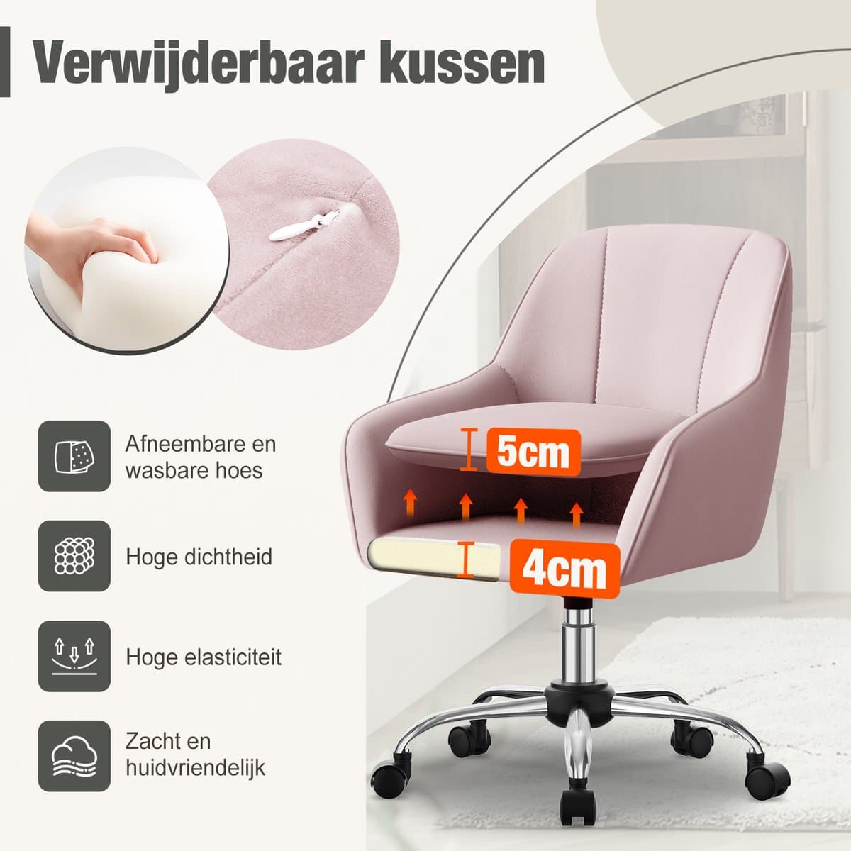Hiaonyx Bureaustoel-Ergonomische bureaustoel-bureaustoelen voor volwassenen-Dubbel gelaagd zitkussen-360 graden draaibaar-Metalen onderstel-Roze thumbnail 3