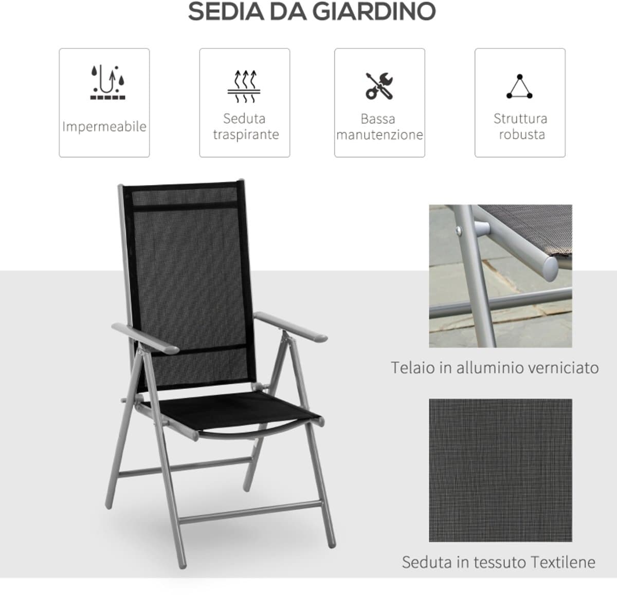 Set van 2 opvouwbare tuinstoelen van aluminium en Texteline met in 7 standen verstelbare rugleuning, zwart, 65 x 55 x 85–105 cm thumbnail 8