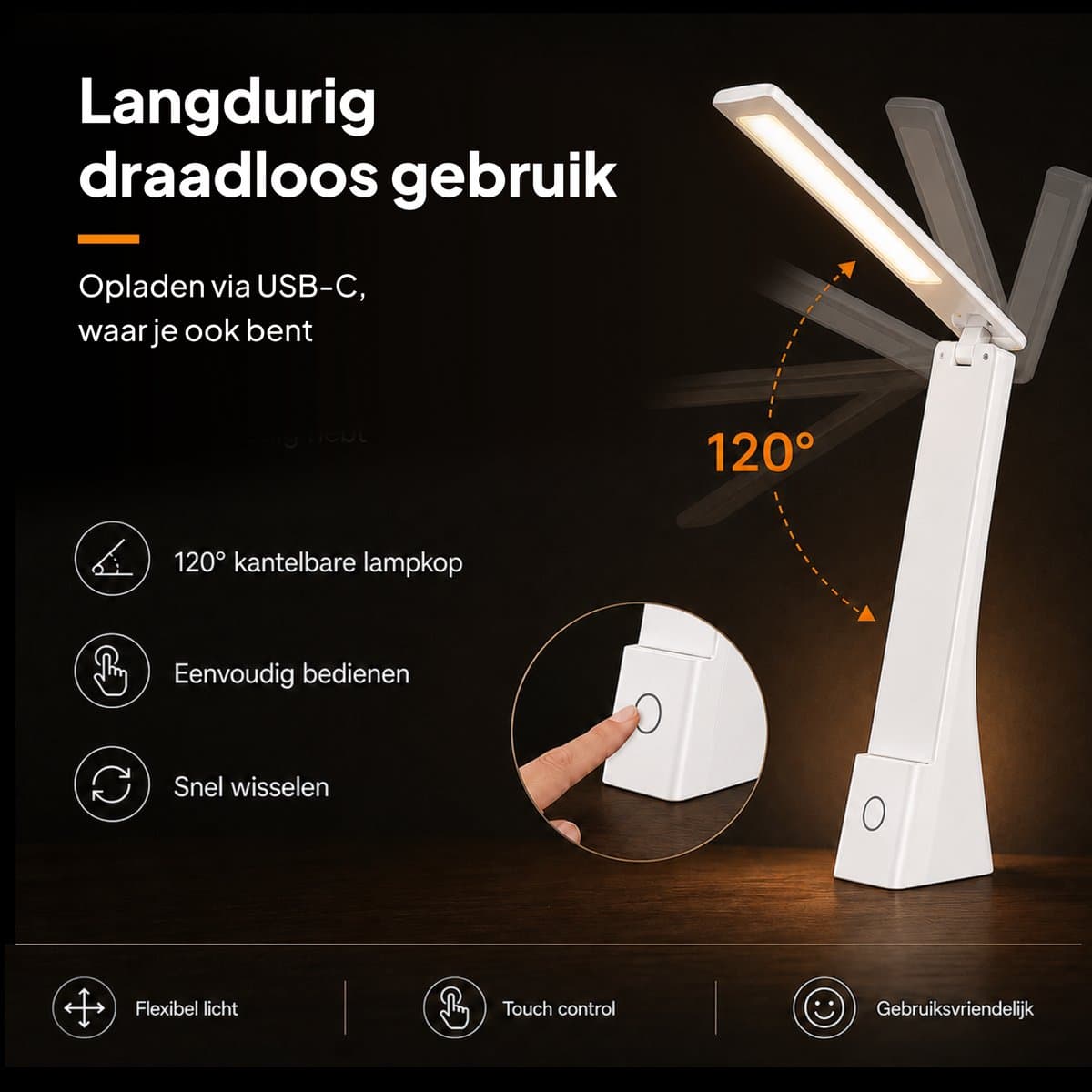Lumirex Bureaulamp - Draadloos & Netstroom - LED - Dimbaar - Wit & Warm Licht - 9 Lichtstanden - 3 Kleuren - Leeslamp - Wit thumbnail 6