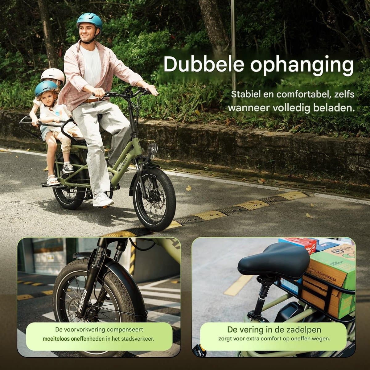 FAFREES 20 inch elektrische fiets met kinderzitjes en voorkorf – E-fiets – E-Bakfiets24Ah accu – maximaal 200kg draagvermogen – max 25km/u – Familie Longtail E-Cargo Bakfiets –tot 140km – voor gezinsuitjes en dagelijkse boodschappen –Zwart thumbnail 5
