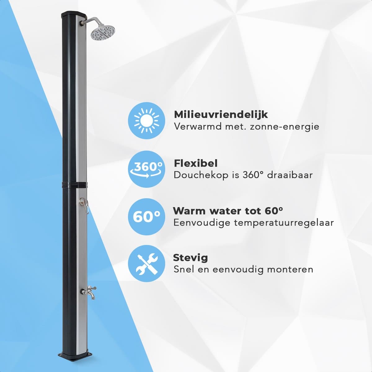 LifeGoods Buitendouche - Solar - Tuindouche - 360° Draaibare Douchekop - 35L - Zwart/Zilver thumbnail 2