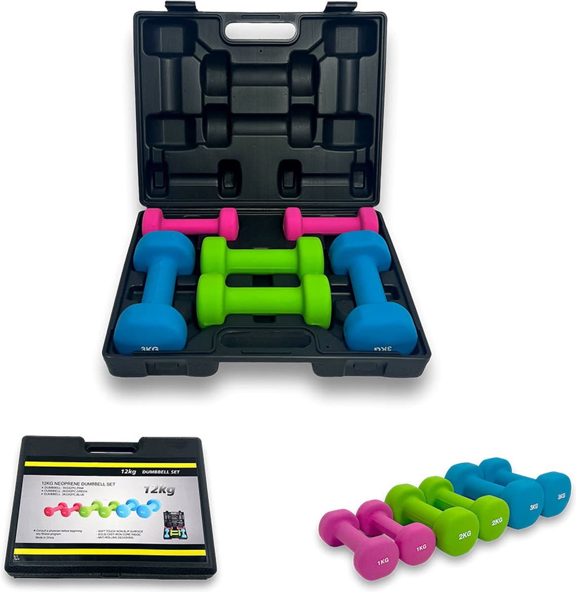 KRAKEN Aerobic Dumbbell Set 12 KG in Koffer - Halterset Neopreen 6 Dumbbells 1/2/3 kg per Paar - 3 Gewichtsklassen - Afm. 38 x 29,5 x 9 cm - Cardio Krachttraining Thuis Fitness - Gewichtenset Anti-Slip Coating - Mannen Vrouwen Workout Trainingshalter