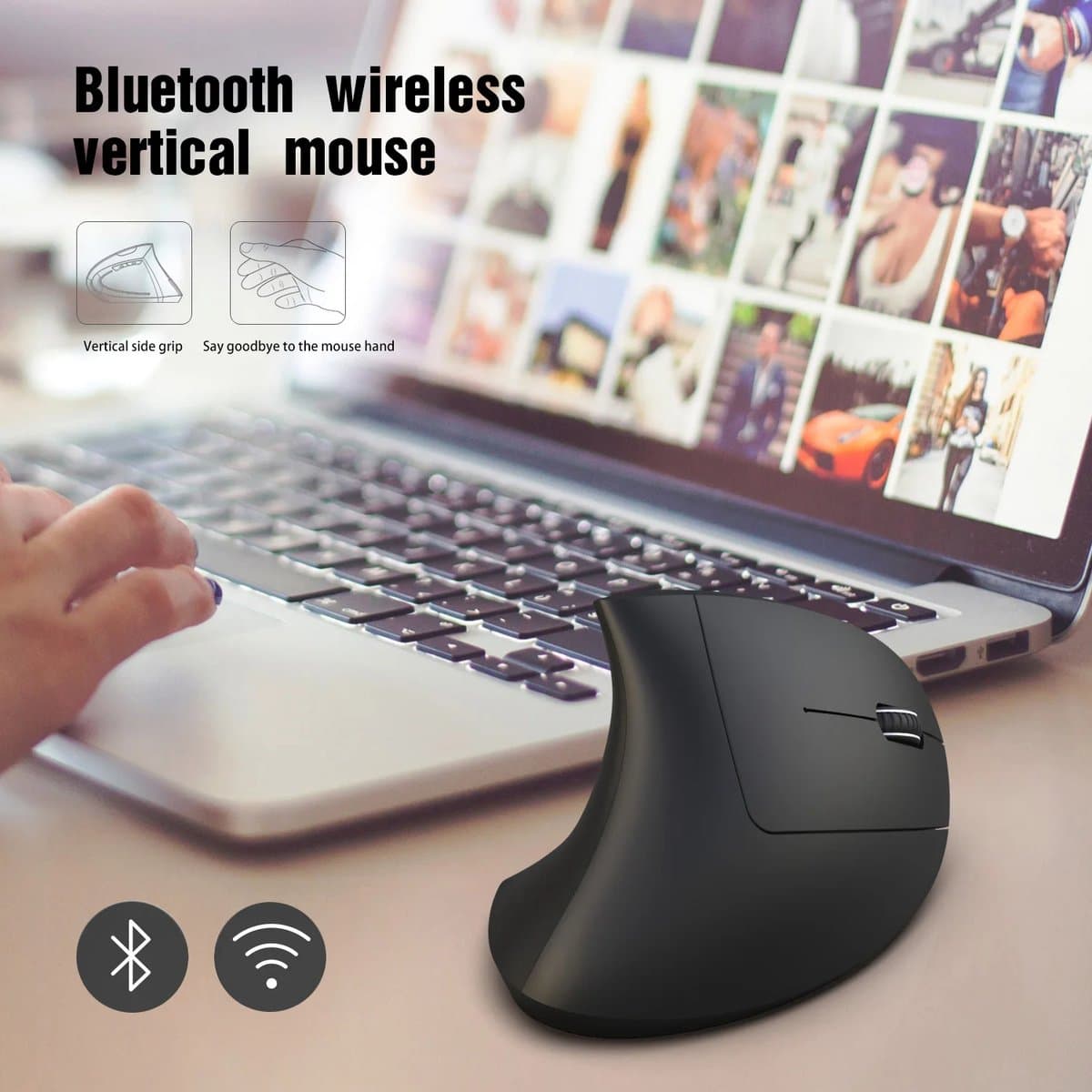 Elementkey ERGO5 Bluetooth 3.0 + 5.2 Draadloze Bluetooth Ergonomische Optische Verticale Muis - 6-toetsen- 2400 DPI Verstelbaar - Zwart thumbnail 4