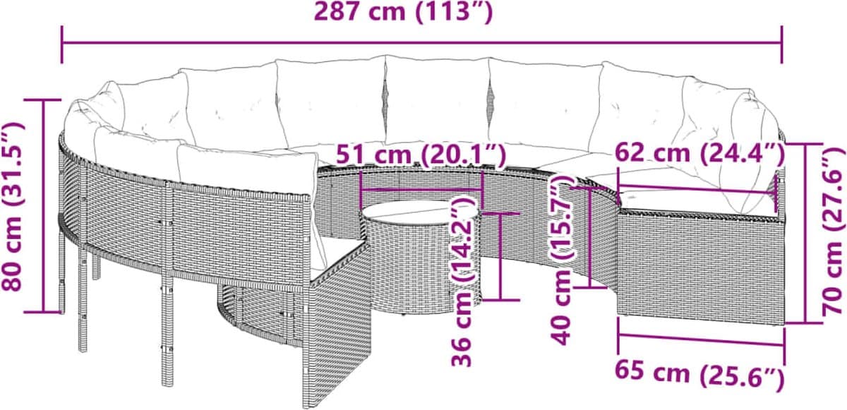 vidaXL - Tuinbank - met - tafel - en - kussens - rond - poly - rattan - grijs thumbnail 8