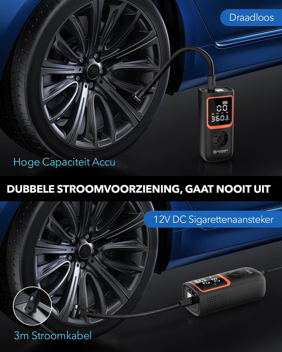 Gadgetplace Compressor Bandenpomp met 5 opzetstukken - Autobanden - 6000 mAh - Elektrische Fietspomp - Draagbare Luchtcompressor - Ballenpomp thumbnail 4