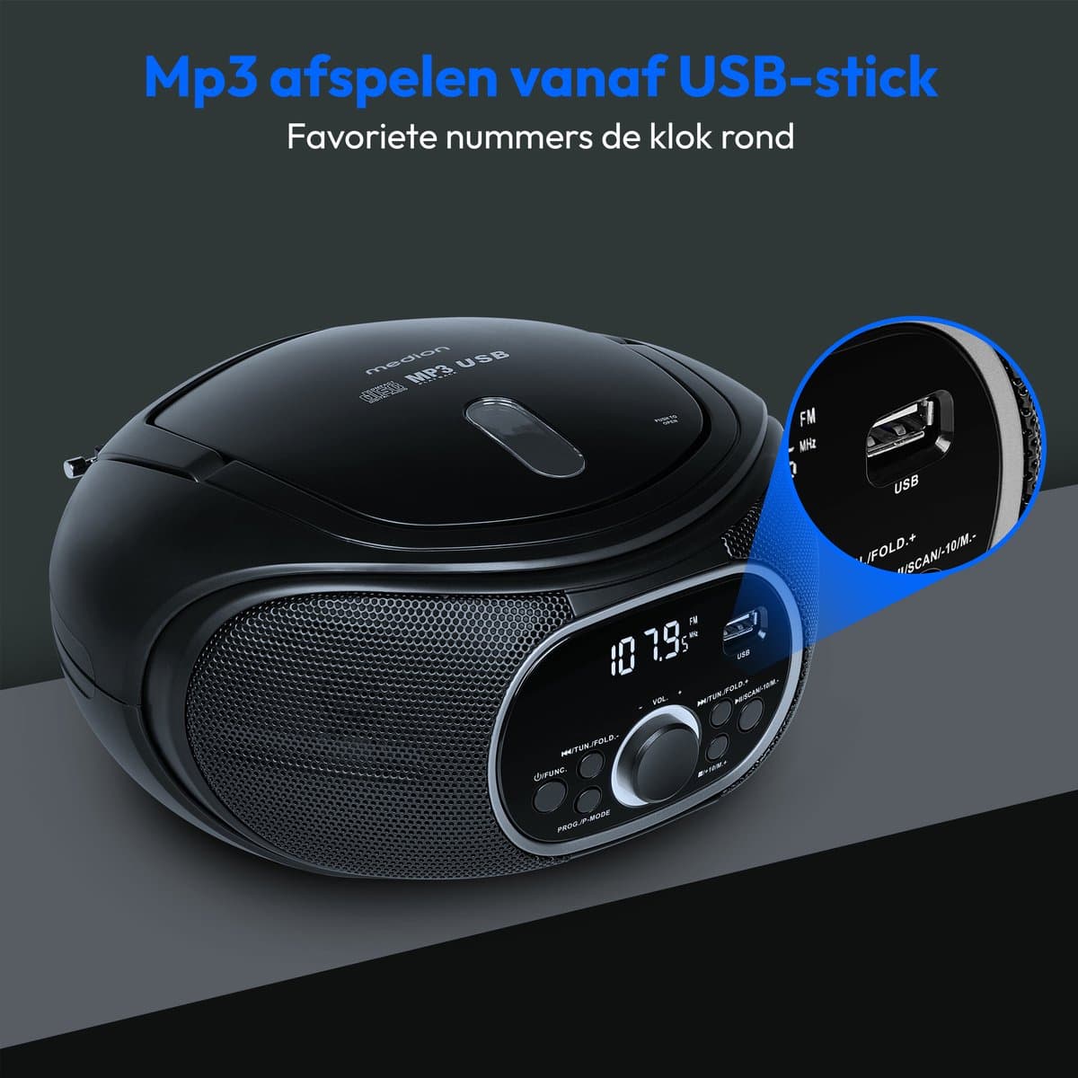 MEDION draagbare boombox E65711, CD/MP3-speler, FM, AUX, werkt op batterijen, zwart thumbnail 2