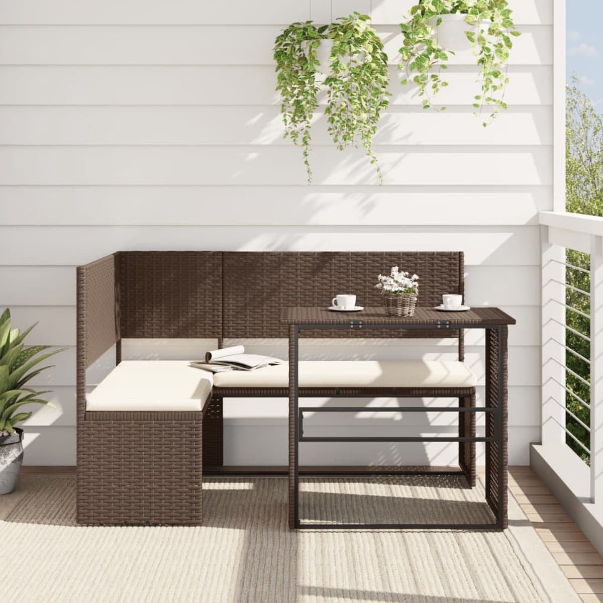 vidaXL - Tuinbank - met - tafel - en - kussens - L-vormig - poly - rattan - bruin thumbnail 5