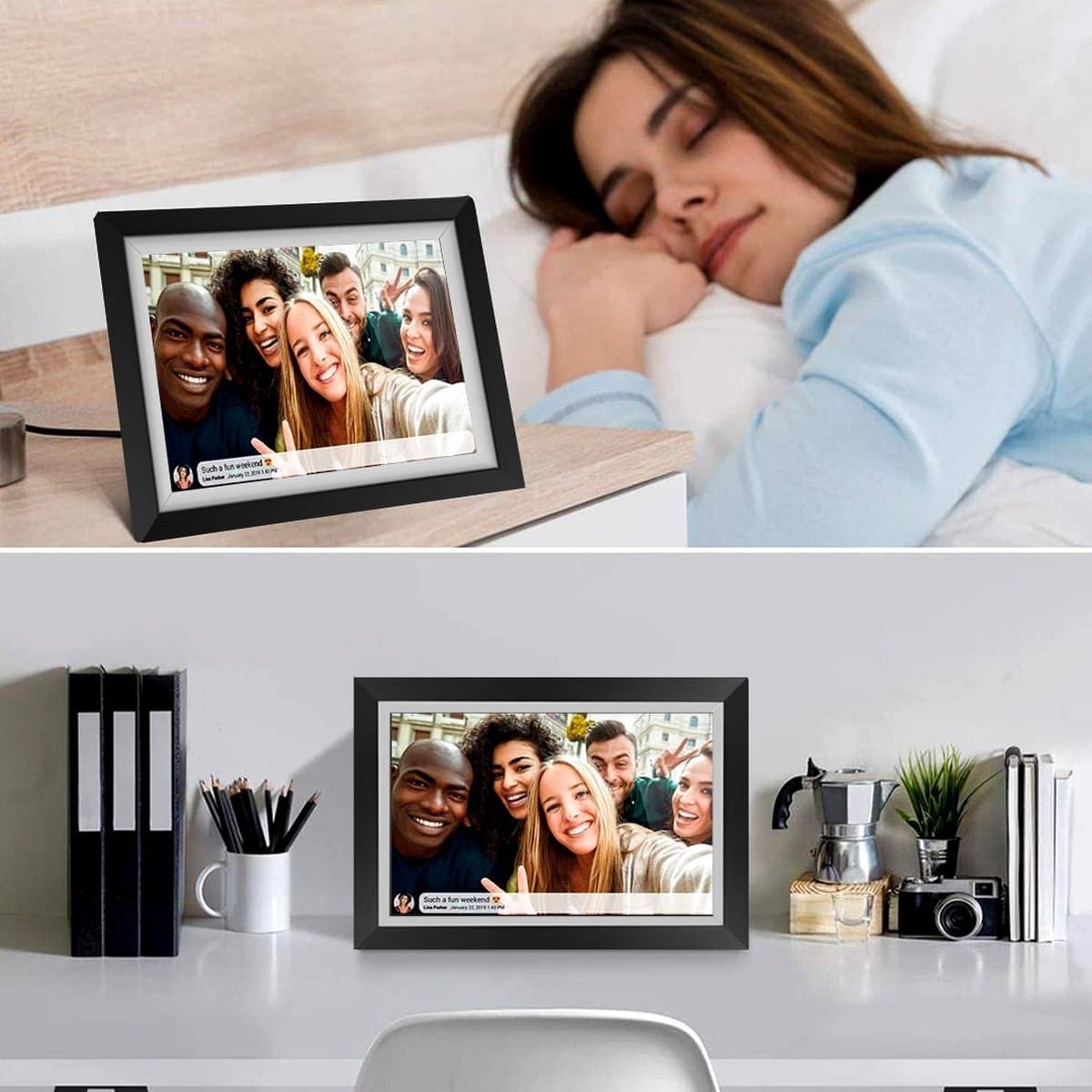 Digitale fotolijst met WiFi en Frameo App - 10.1 inch HD+ IPS Display - Fotokader met Touchscreen - 32GB - Zwart/Wit - Frameo digitale fotolijst - digitale fotokader - digitaal fotolijstje thumbnail 6