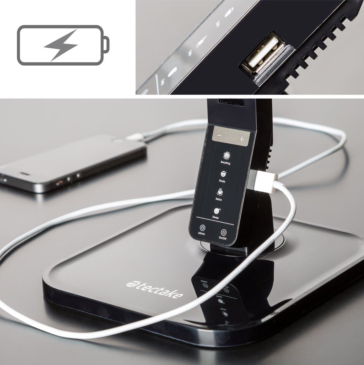tectake® LED-Bureaulamp - Set van 4 - 14W - USB-Aansluiting voor Opladen van Tablets en Smartphones - Dimbaar met Timerfunctie en 4 Modusinstellingen - Energieklasse A+ - Zwart thumbnail 4