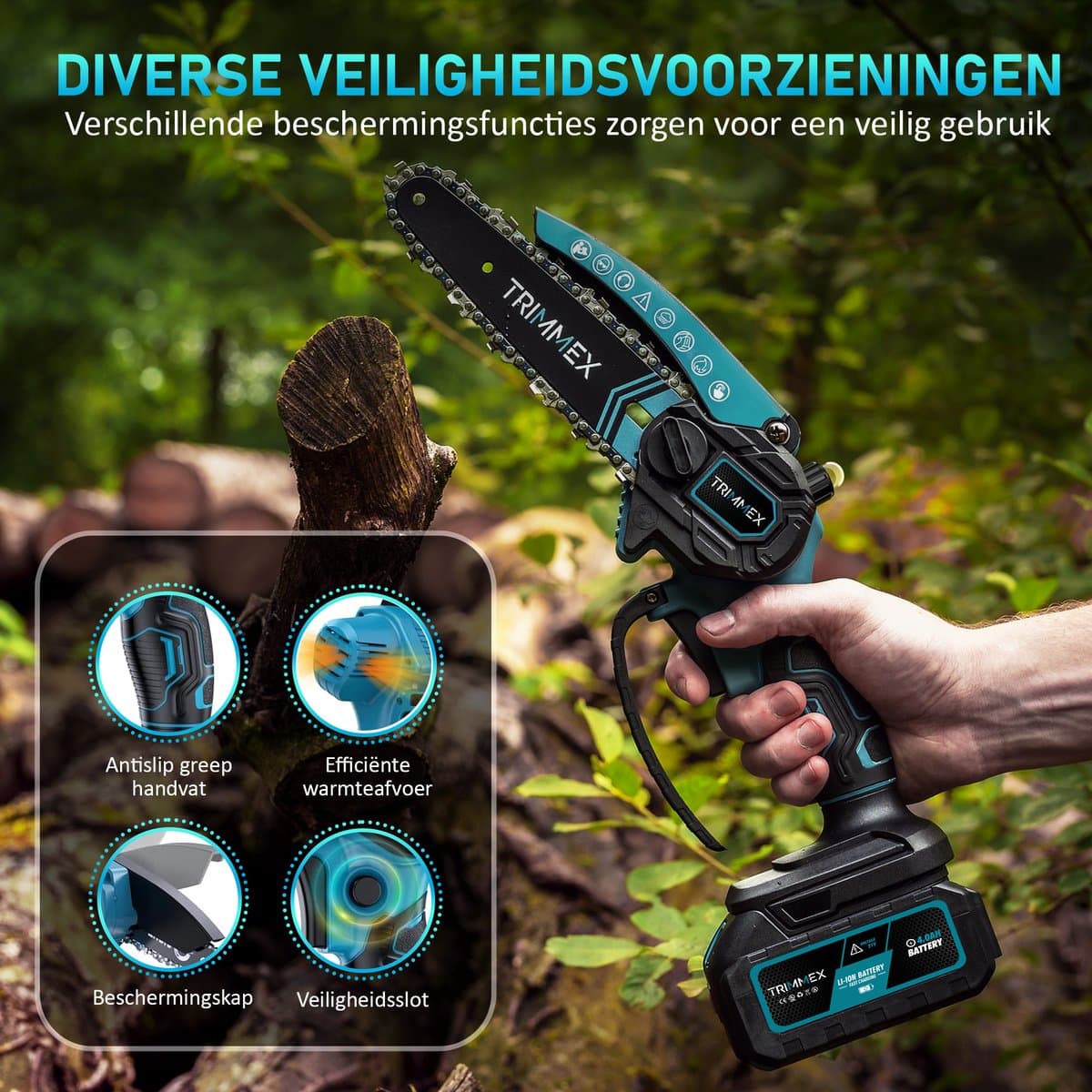 Trimmex® Mini kettingzaag + Telescopische steel - Inclusief 2 Led-Accu's - 2X 4000mAh - Elektrisch Handkettingzaag - Snoeizaag - Takkenzaag - Handzaag - Boomzaag - Automatische Kettingsmering - Brushless thumbnail 8