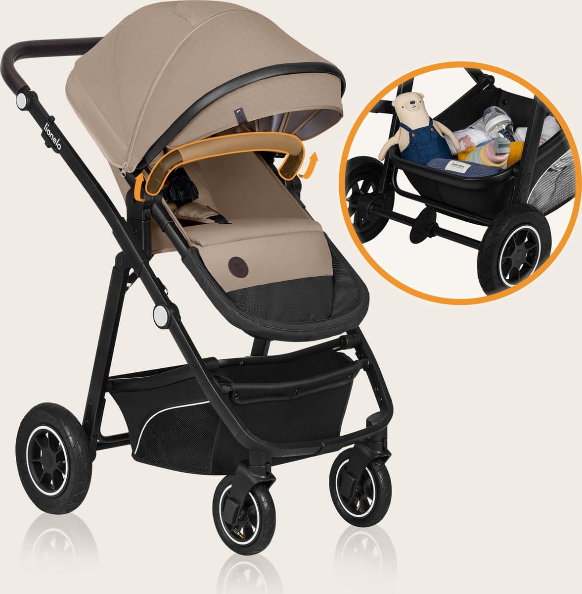 Lionelo Bianka Kinderwagen 3 in 1 - Reiswieg + Wandelwagen + Autostoel - Grote Luchtbanden, Volledige Vering - Inklapbaar - Verstelbare duwstang - Buggy Omkeerbare Zitting - 0-22kg - Accessoireset - Beige thumbnail 8