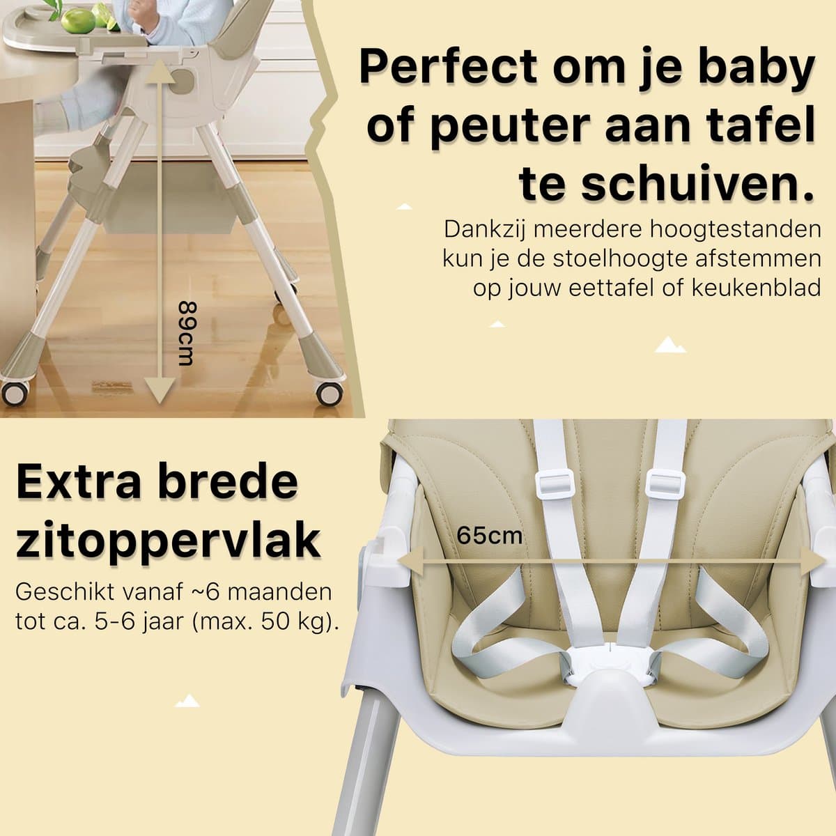 Phreeze Kinderstoel - Inklapbaar - Meegroeistoel 6 t/m 72 maanden - Afneembare Wielen - Eetstoel Baby & Peuter - Ook als Loopstoel, Wipstoel, Babystoel aan tafel / voor eten / thuis - Beige thumbnail 5