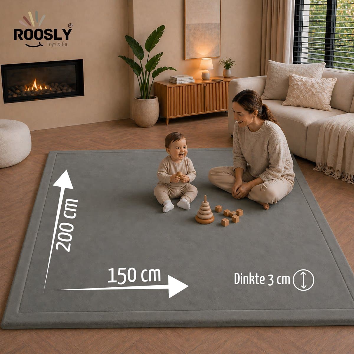 Roosly Speelmat Baby - Fluwelen Speelkleed baby - speeltapijt - kruipmat - playmat - Extra Dik Traagschuim 3 cm - Antislip - Zacht & Veilig - 150 x 200 cm - Stone Grey thumbnail 2