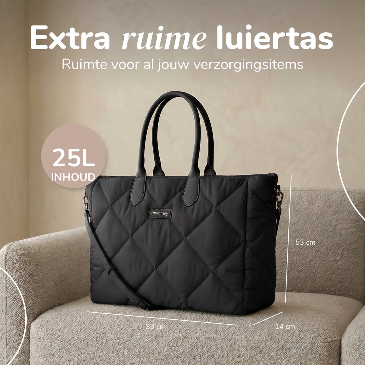 Mommsy Luiertas – Verzorgingstas – Thermo Vak – Gewatteerde Puffer Stof – Extra Ruim – Waterafstotend – Organizer – Lichtgewicht – Zwart thumbnail 2