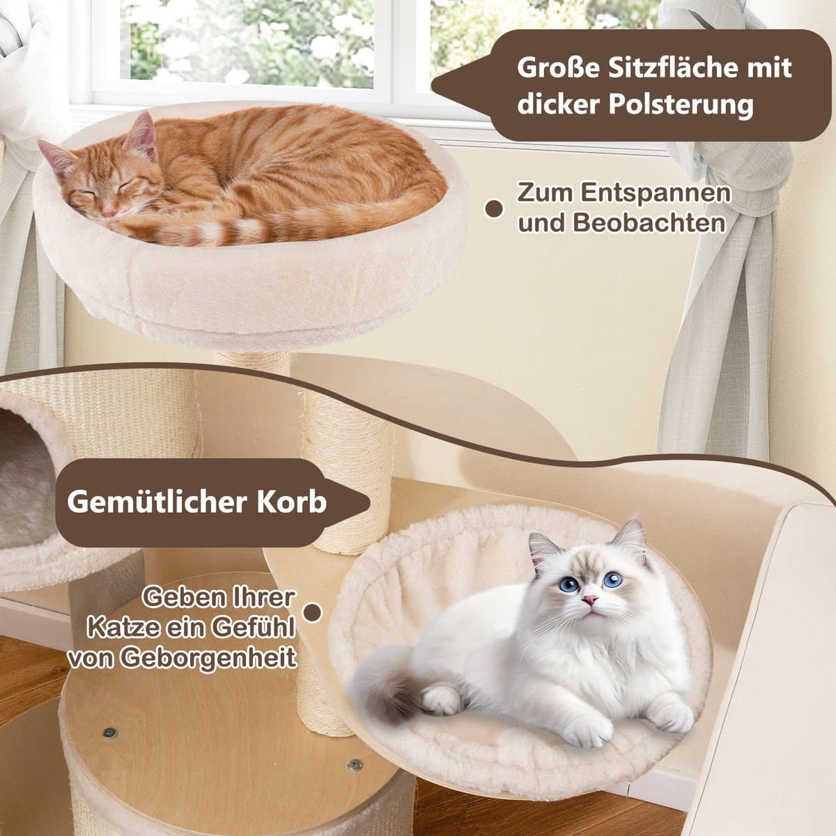 COSTWAY Krabpaal groot, kattenboom met 2 kattenholletjes, mand, sisal-krabpalen, speelbal & platform, kattenkrabpaal katten, kattenmeubel, klimboom, activiteitsboom, hout, natuur, 152 cm hoog thumbnail 7
