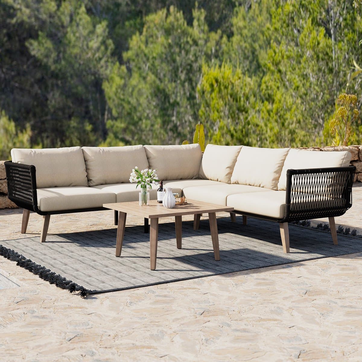 FloraGrace Loungeset - Sofa Met Salontafel - Weerbestendig Touwdesign Voor Tuin En Balkon - Olefin En Staal - Beige Zwart