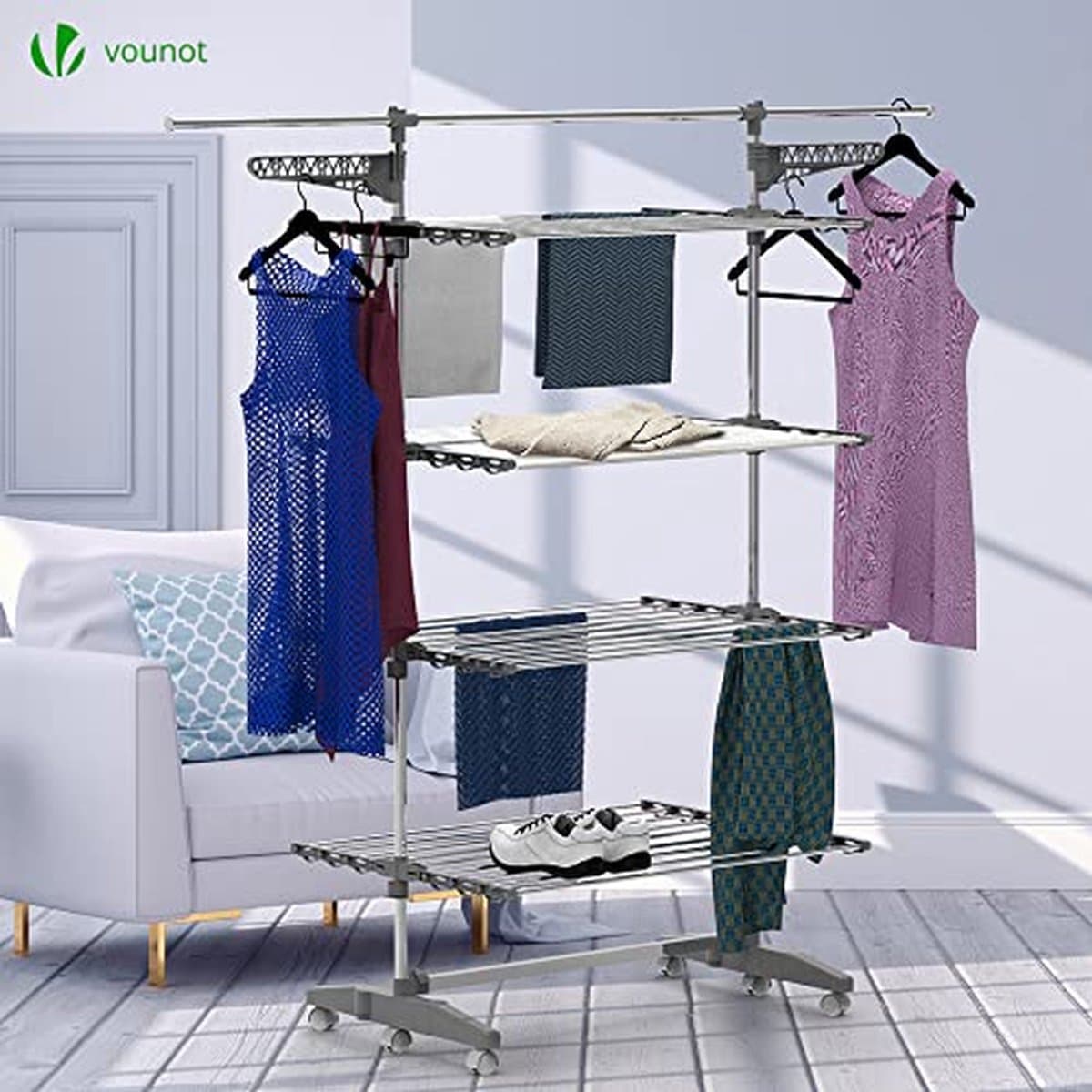 Droogrek Met Wielen - Kledingrek Vlier - Kleding Drogen - 28 Meter Drooglengte - 4 Niveaus - Zilver thumbnail 7