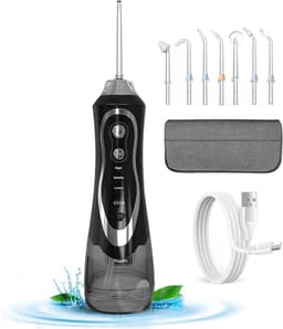 Productfoto van Monddouche waterflosser - draagbare mondirrigator met tongborstel - 7 nozzles - oplaadbaar - IPX7 waterdicht - 3 reinigingsstanden - zwart