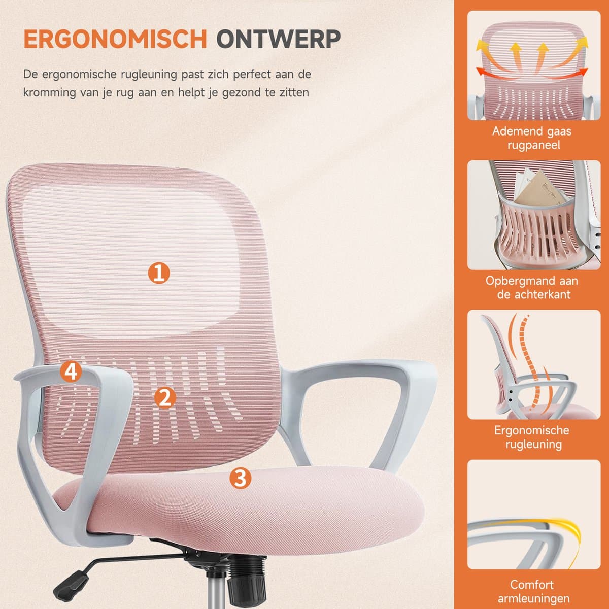 Ergonomische Bureaustoel - Mesh Office Chair - In Hoogte Verstelbaar - Vaste Armleuningen - 113 kg Draagvermogen thumbnail 7