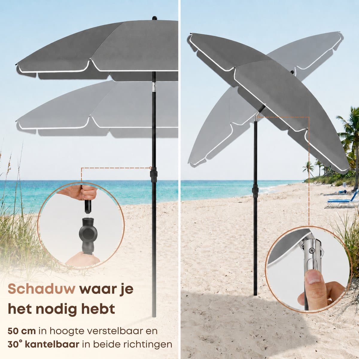 ACAZA Parasol - Strandparasol - Grijs - 200 cm diameter - inclusief Draagtas - Rond - Tuinparasol - Kantelbaar - Waterdicht - Terras Parasol voor Appartement - Parasol Strand - Tot 3 Personen thumbnail 7