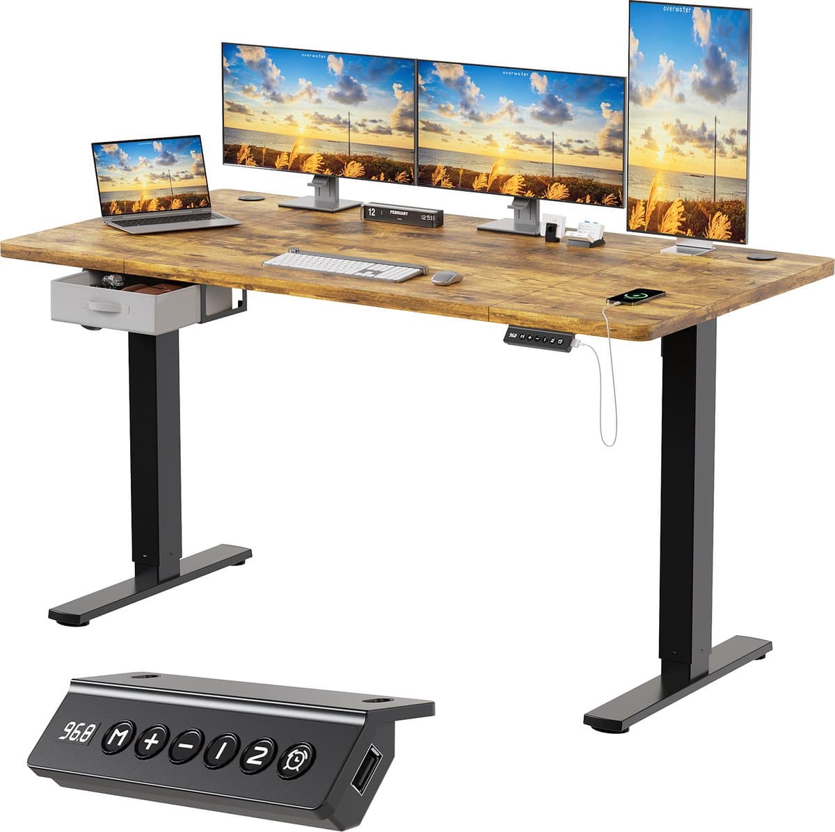 Devoko Elektrisch Zit-sta Bureau 160x80 cm – Stille Motor met Geheugenfunctie – Zit-alarm – Digitaal Display – 6 Knoppen Handbediening – USB Poort – Zit-sta Bureau – Bruin