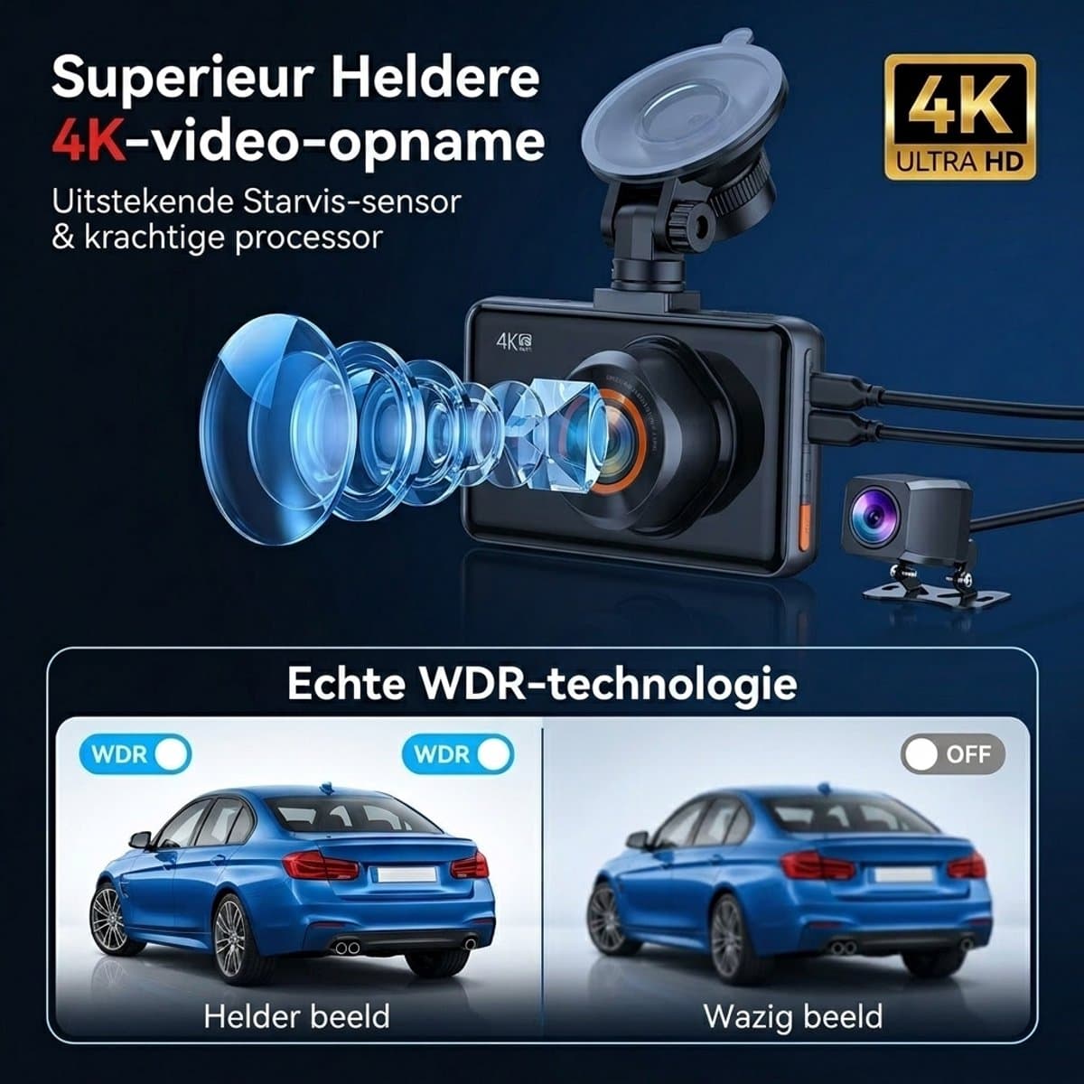 Fokelyi-Dashcam 4K -Dashcam Voor Auto- Wifi & GPS - Nachtzicht - Dual Dashcam - G-Sensor- Ultra 4K- incl. 64GB SD kaart thumbnail 5