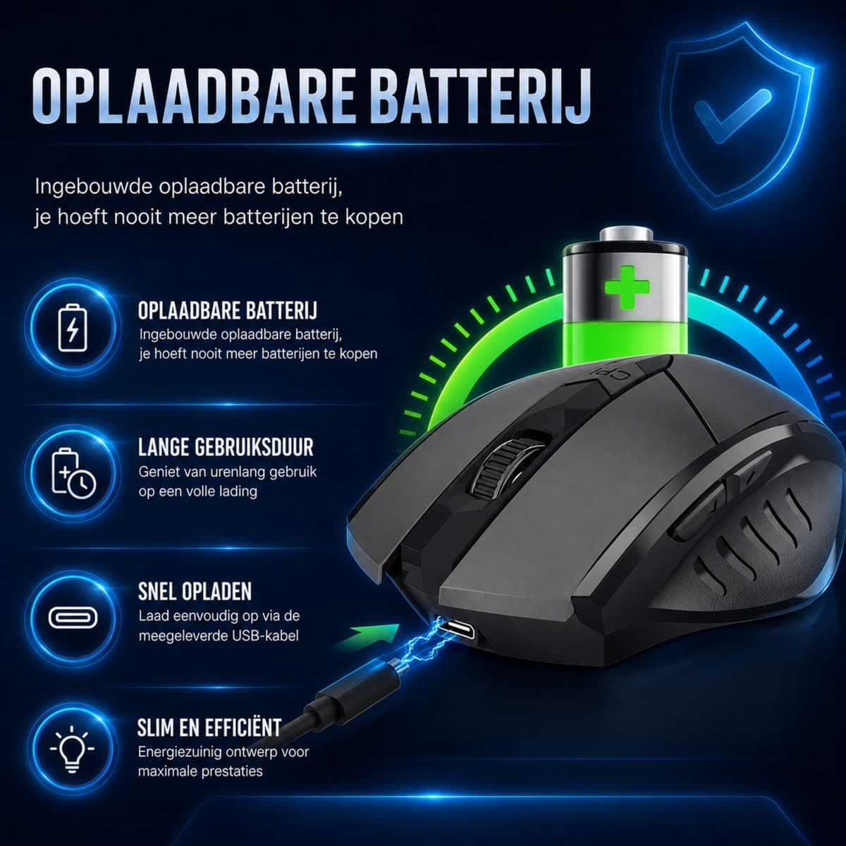 Garpex® Draadloze Computermuis – Ergonomische Draadloze Muis met Bluetooth & USB Ontvanger – Oplaadbare Wireless Mouse – 3 Apparaten Tegelijk – Stil Klikken – 7 Knoppen – 800/1200/1600 DPI – Zwart thumbnail 2