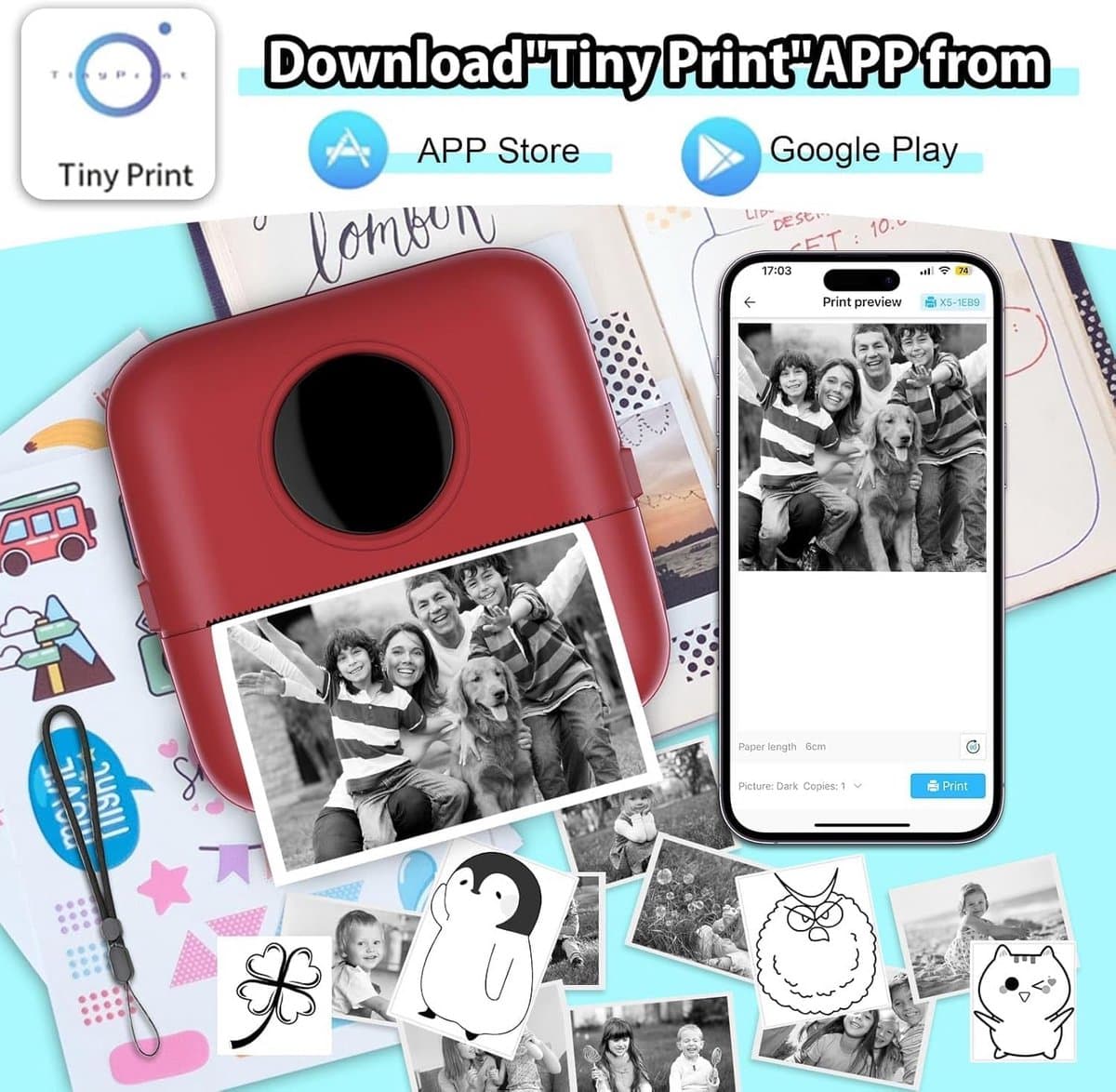 Mini Printer - Draagbare Printer - Foto's Printen - Inclusief 10 Rollen Papier - 82 x 82 x 45 mm thumbnail 5