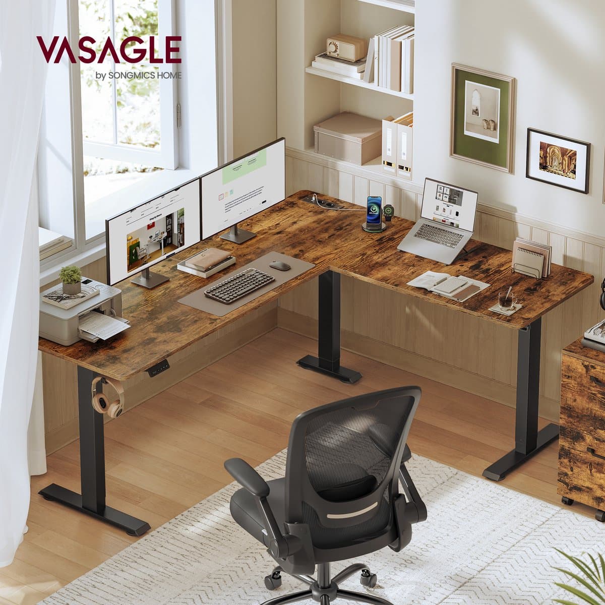 VASAGLE - Elektrisch Zit Sta Bureau - L-vormige Hoektafel - 2 Stopcontacten en 2 USB-A-poorten thumbnail 3