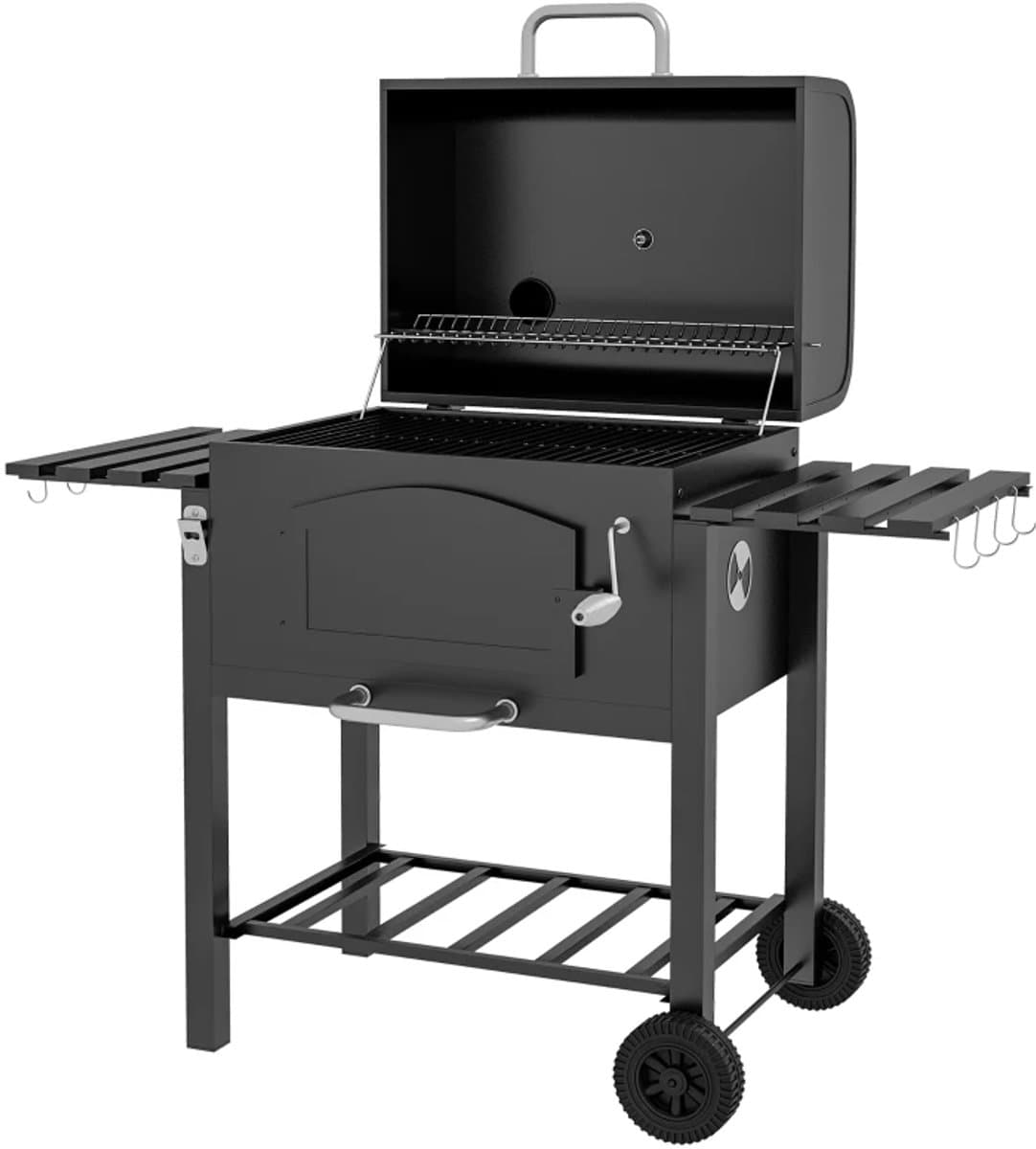 Premie 3-in-1 Houtskool Barbecue - Smoker Barbecue met Rookfunctie - Houtskoolgrill - met Verstelbaar Houtskoolcompartiment, Deksel, Handgrepen, Thermometer, Wielen - BBQ voor Kamperen, Buiten, Tuin - 124 x 66 x 112 cm - Zwart thumbnail 3