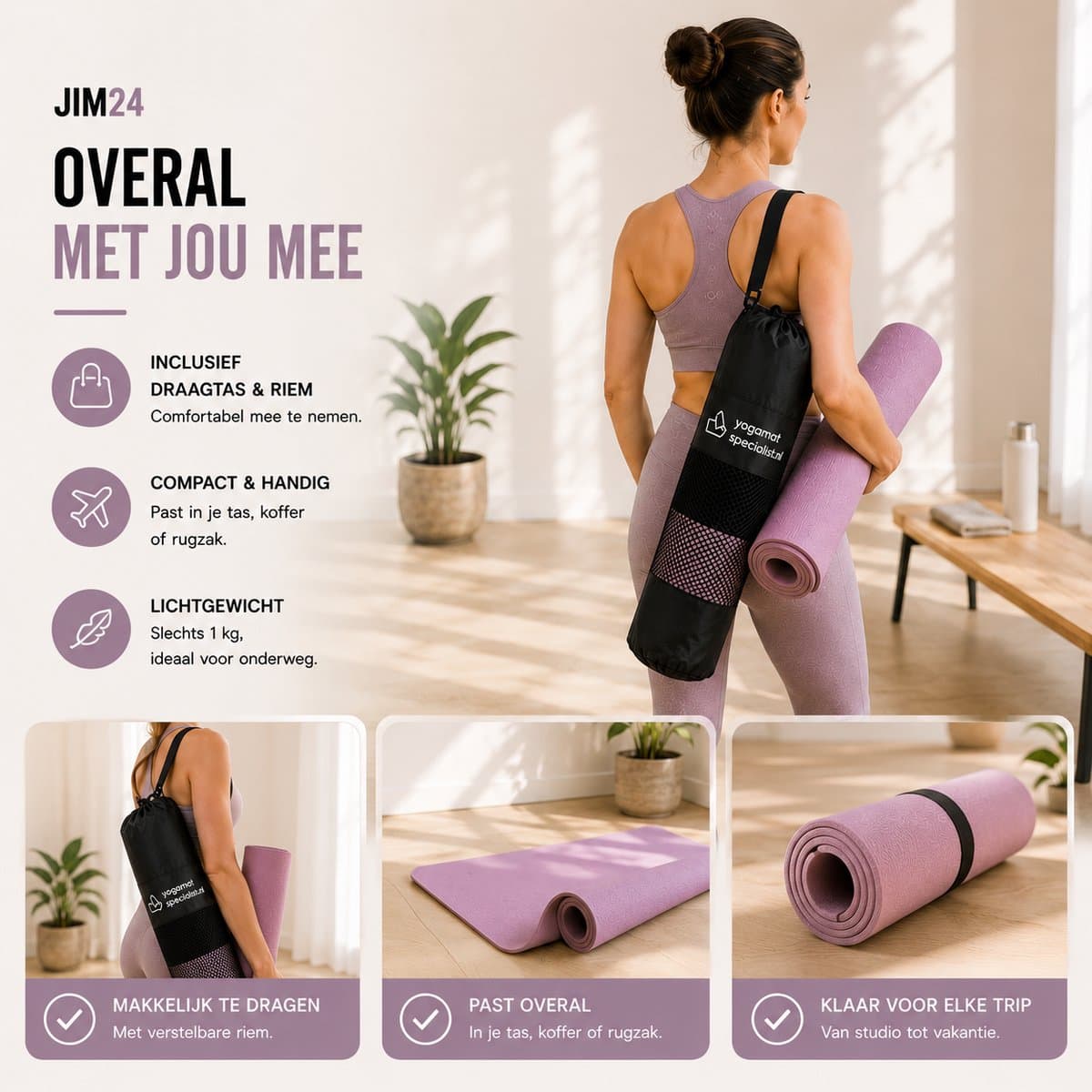 Jim24 Yogamat - Yoga Mat Antislip - Fitness Mat - Sportmat - Pilates Mat - Slijtvast - Extra Dikke Gym Mat - Duurzaam TPE - Incl. Draagtas en Riem - Paars thumbnail 8