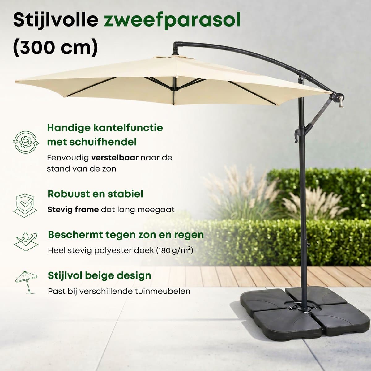 ACAZA Parasol - Zweefparasol - Beige - 300 cm diameter - Staal - Parasols - Rond - UV werend doek - Kantelbaar thumbnail 2