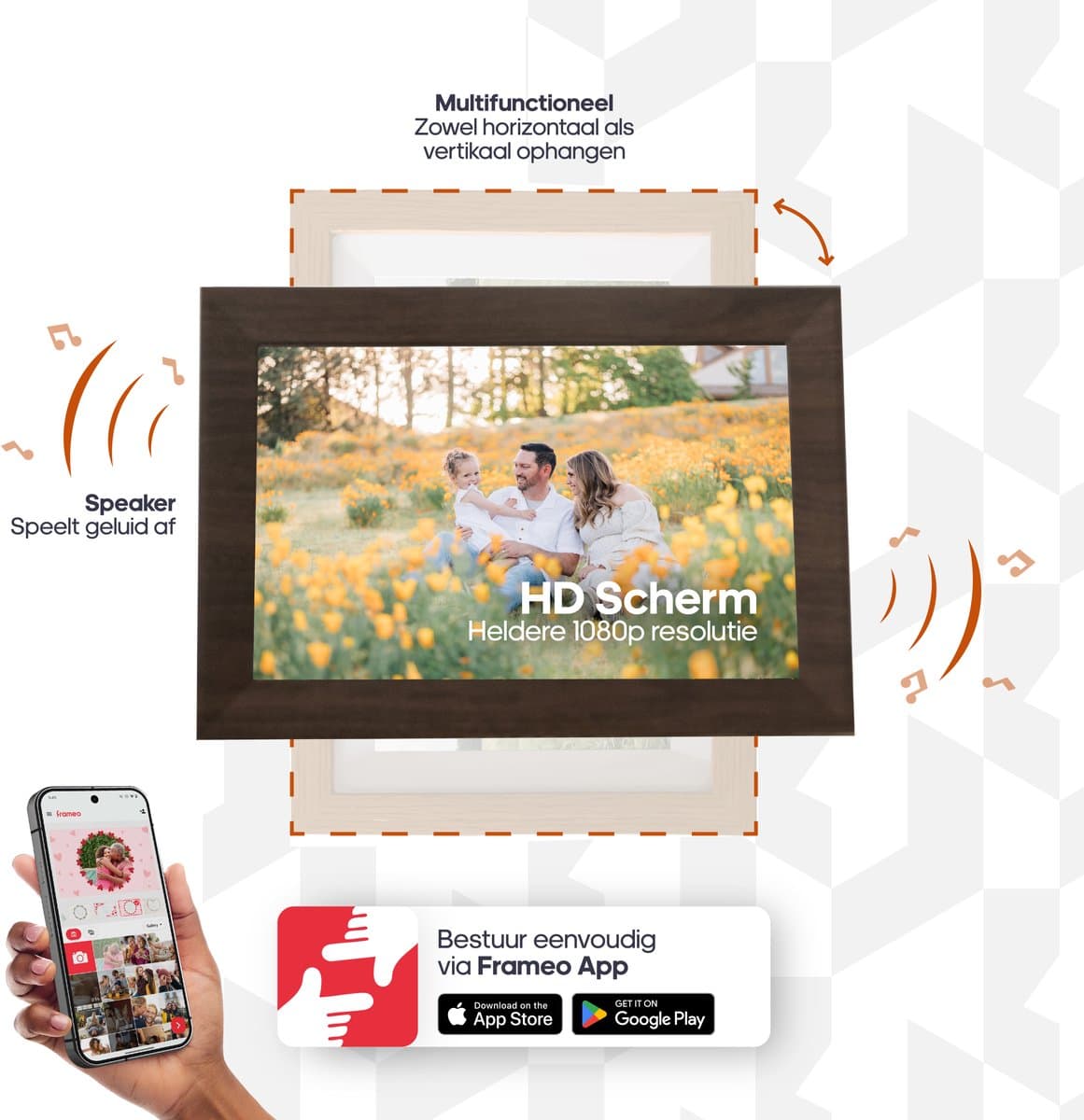 Digitale Fotolijst met WIFI en Frameo App - Inclusief 128GB SD Kaart - 10.1 inch - HD+ -IPS Display - Bruin - 3 Dimfuncties - Horizontaal & Verticaal thumbnail 2
