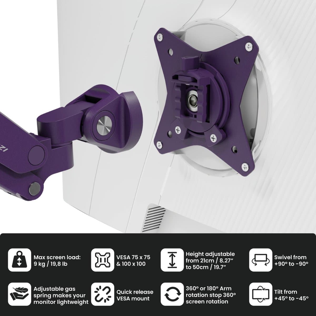 Arozzi Alzare Neo Dubbele Monitor Arm - Gasfeder - Kabelbeheer - 17" tot 34" - Paars thumbnail 7