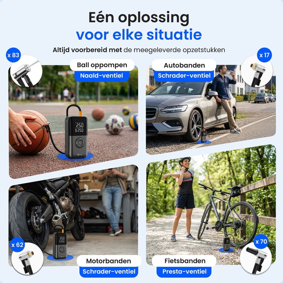 Siltcon® Elektrische Fietspomp - Luchtcompressor - Tot 10.8 Bar - 8500 mAh Powerbank - Compressor - Bandenpomp Auto - Elektrische Bandenpomp - Luchtpomp – Universeel – Oplaadbaar & 12V – 35l/min – SOS Lamp - Noodpakket - Incl. 10 Opzetstukjes en Hoes thumbnail 7