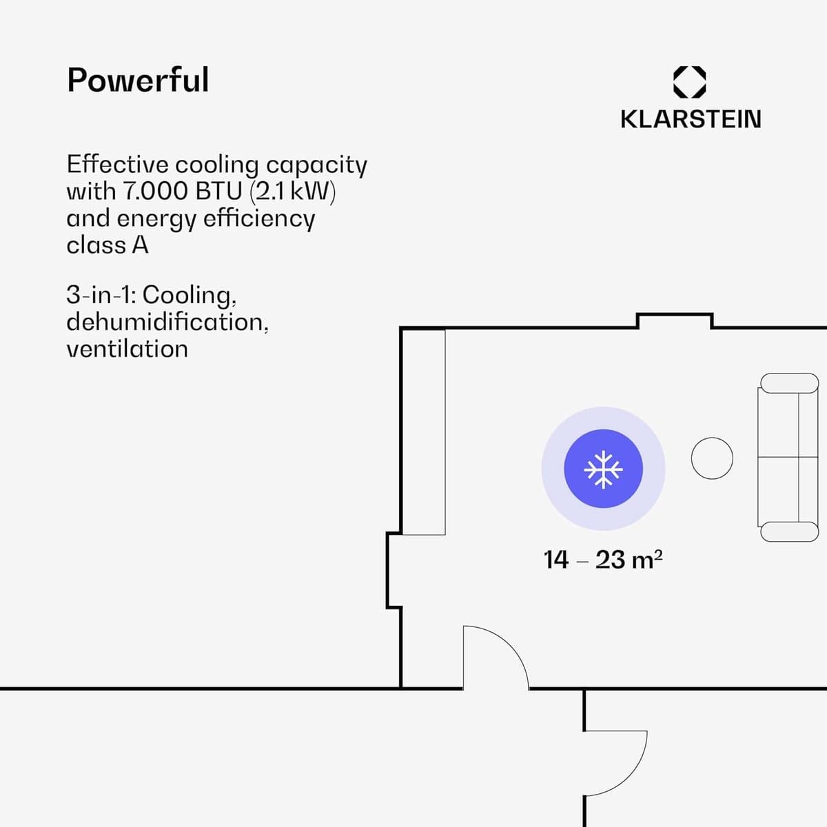 Klarstein Pure Blizzard 3 2G - Mobiele Airco 3-in-1 koelventilator, ontvochtiger, timer, geluidsarm, energie-efficiëntieklasse A, 808 W / 7000 BT, tot 65 m³, wit thumbnail 4
