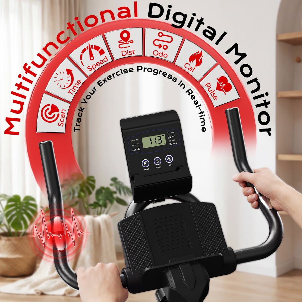 BIGZZIA hometrainer met instelbare weerstand van 0-100%, stille hometrainer met LCD-scherm, fitnessfiets met tablethouder, indoorfiets voor cardiotraining, tot 120 kg thumbnail 2