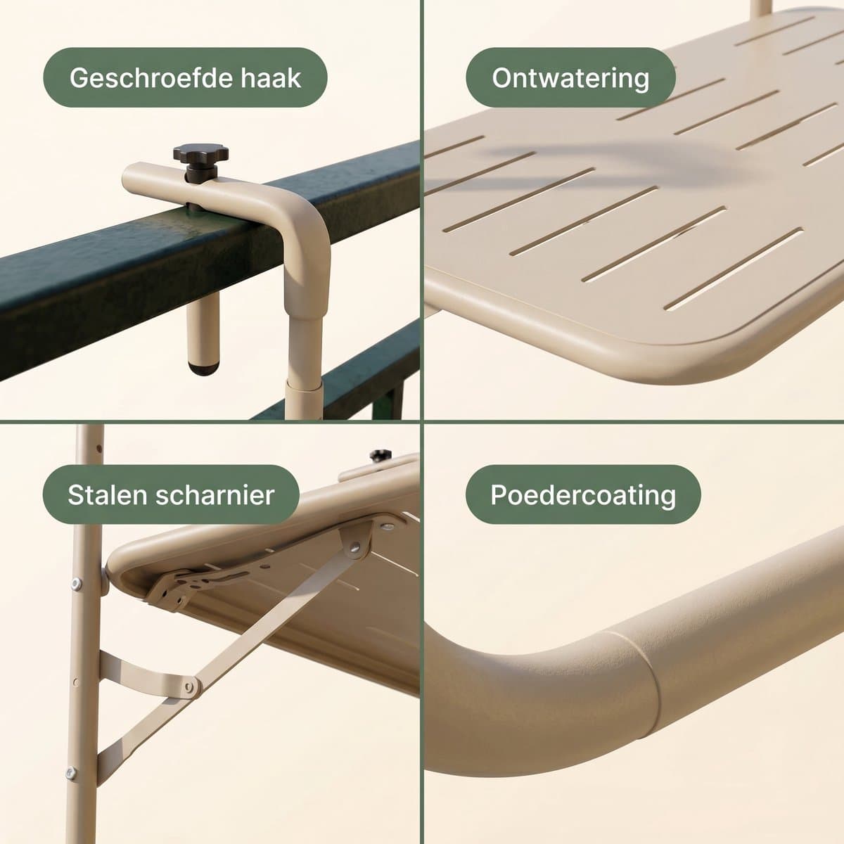 Lomera Balkontafel Hangend - Inklapbaar - Hangtafel - Klaptafel - Balkon Tafel voor Reling - in Hoogte Verstelbaar - Opklapbaar - Balkonbar - Bijzettafel Buiten - Weerbestendig - Tuintafel - Mat Beige thumbnail 2