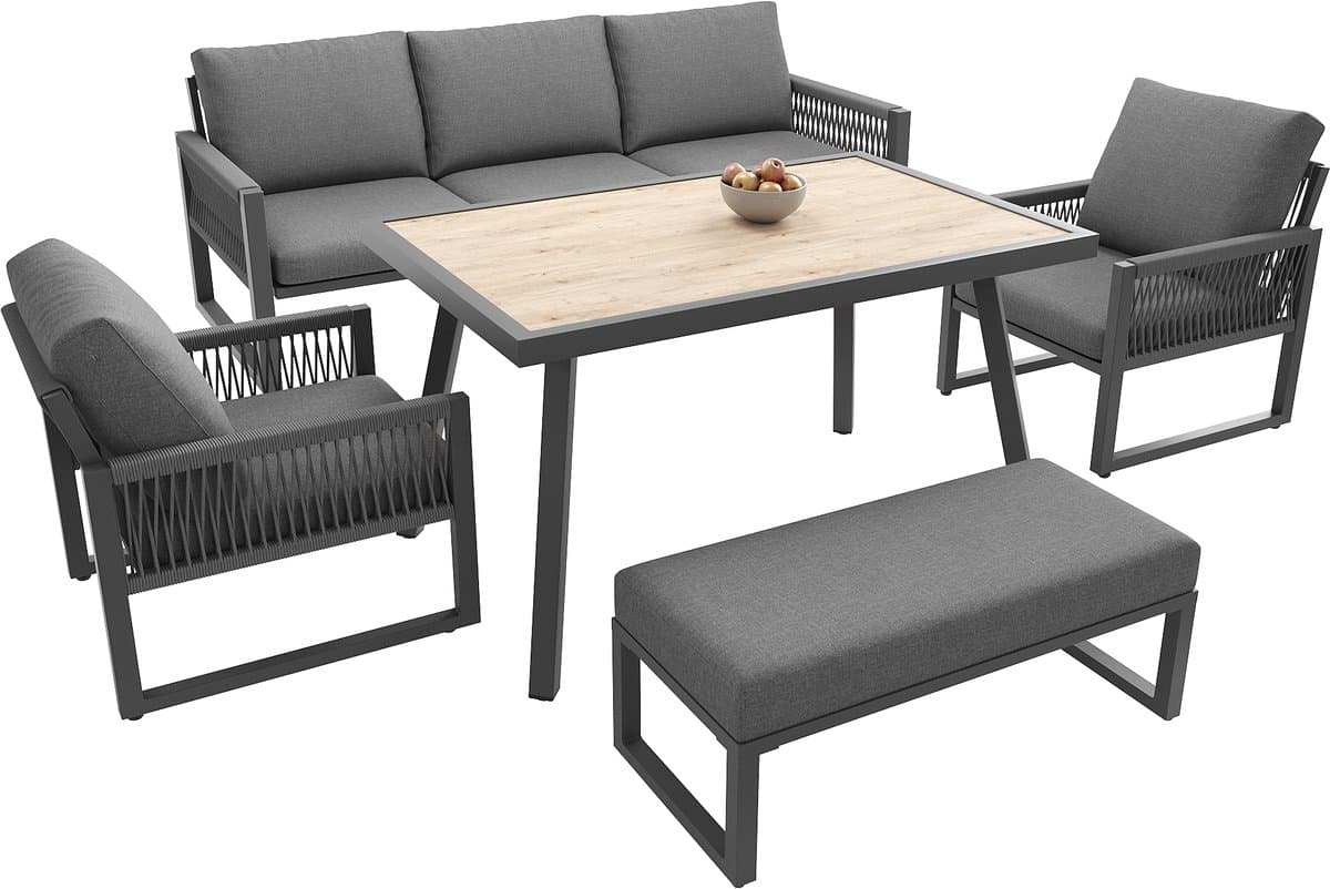 Loungeset Tuin 6-7 Personen met Eettafel - Tuinmeubelset met 3-Zits Bank, 2 Fauteuils en Bankje - Weerbestendige Lounge Dining Set voor Tuin, Terras en Balkon - Grijs thumbnail 5