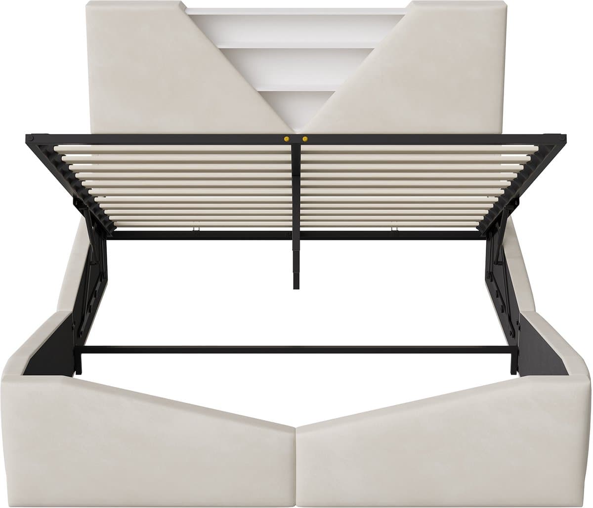 Gestoffeerd Bedframe 160x200 cm met Opbergruimte en LED - Fluweel Crèmekleurig incl. Lattenbodem thumbnail 4